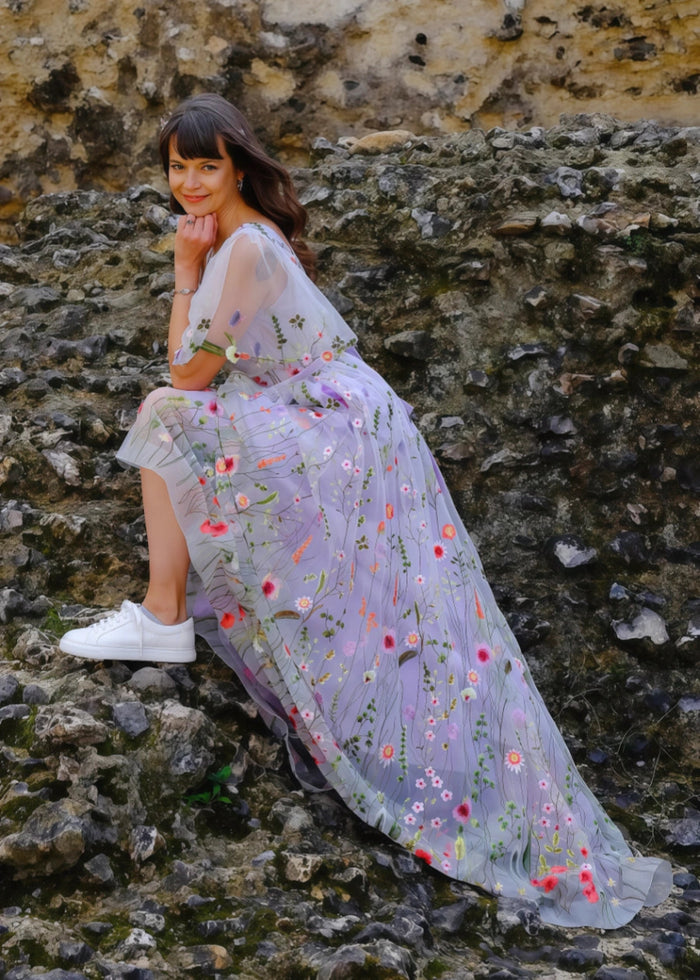 Lorelei | Discover Flattering A Line Floral Wedding Dresses with Sleeves - White Floral - PromDressClub