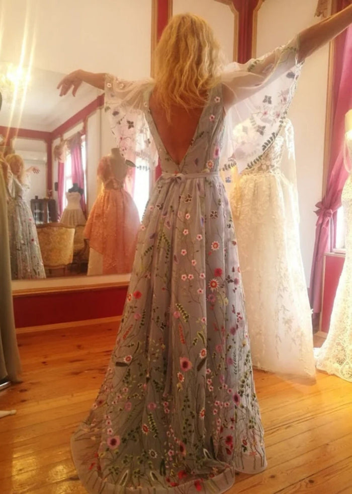 Lorelei | Discover Flattering A Line Floral Wedding Dresses with Sleeves - White Floral - PromDressClub