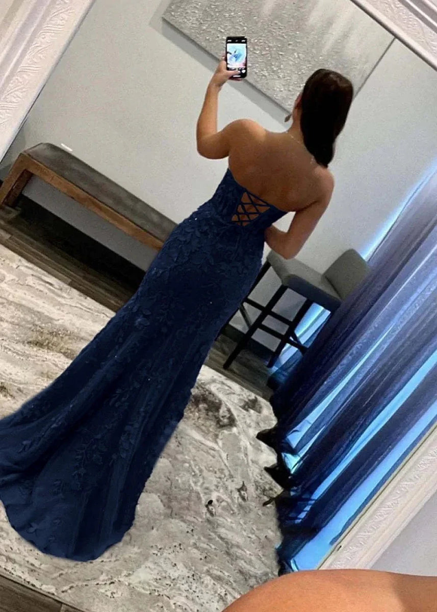 Lorraine Corset Lace Lilac Prom Dress | Mermaid Strapless Sweetheart Neckline Dress with Slit - Navy Blue - PromDressClub