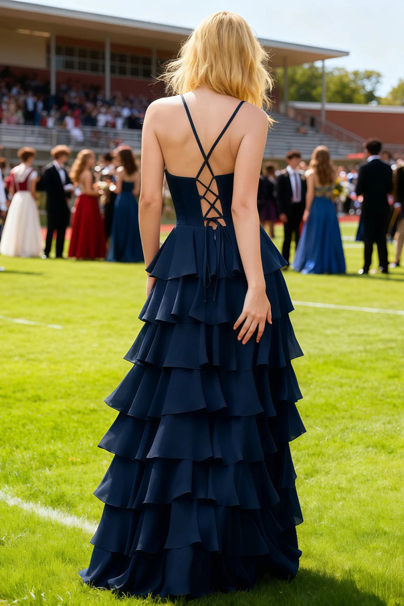 Luminance Navy Blue Tiered Ruffled Cowl Neck Prom Dress | A - Line Spaghetti Straps Corset Pleated Satin Dress with Slit - US0 - PromDressClub
