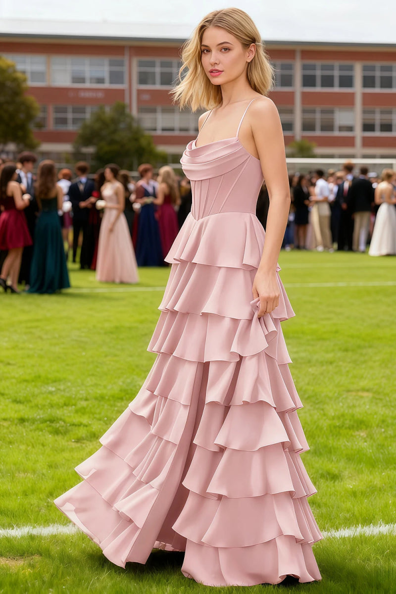 Luminance Powder Pink Tiered Ruffled Cowl Neck Prom Dress | A - Line Spaghetti Straps Corset Pleated Satin Dress with Slit - US0 - PromDressClub