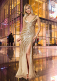 Selena |Luxurious Mermaid Deep V Neck Golden Sequins Long Prom Dress with Silt - Gold - US0 - PromDressClub