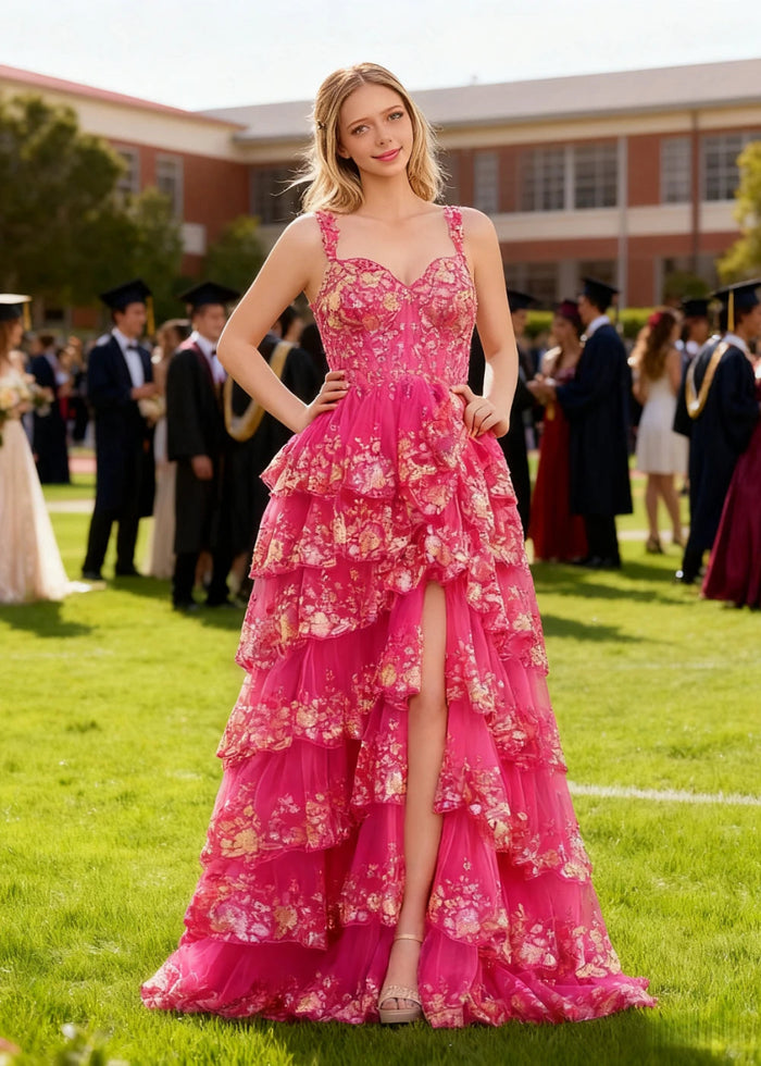 Lydia | A - Line Off the Shoulder Lace Corset A Pink Prom Dress Long with Tiered Ruffles - Fuchsia - PromDressClub