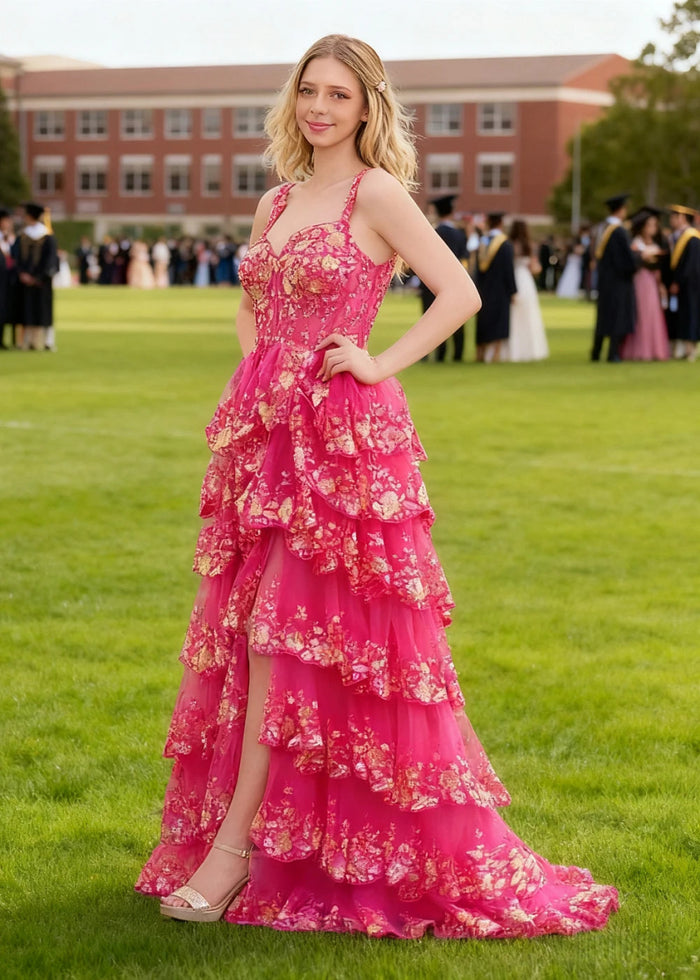 Lydia | A - Line Off the Shoulder Lace Corset A Pink Prom Dress Long with Tiered Ruffles - Fuchsia - PromDressClub