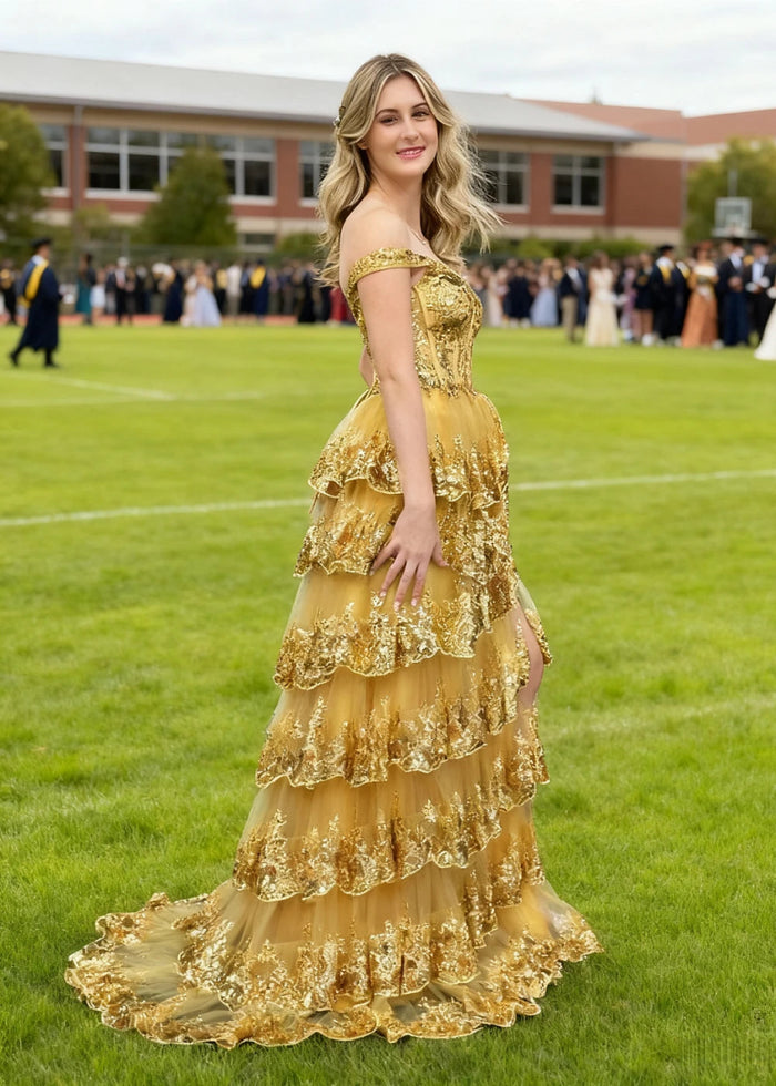 Lydia | A - Line Off the Shoulder Lace Corset A Pink Prom Dress Long with Tiered Ruffles - Gold - PromDressClub