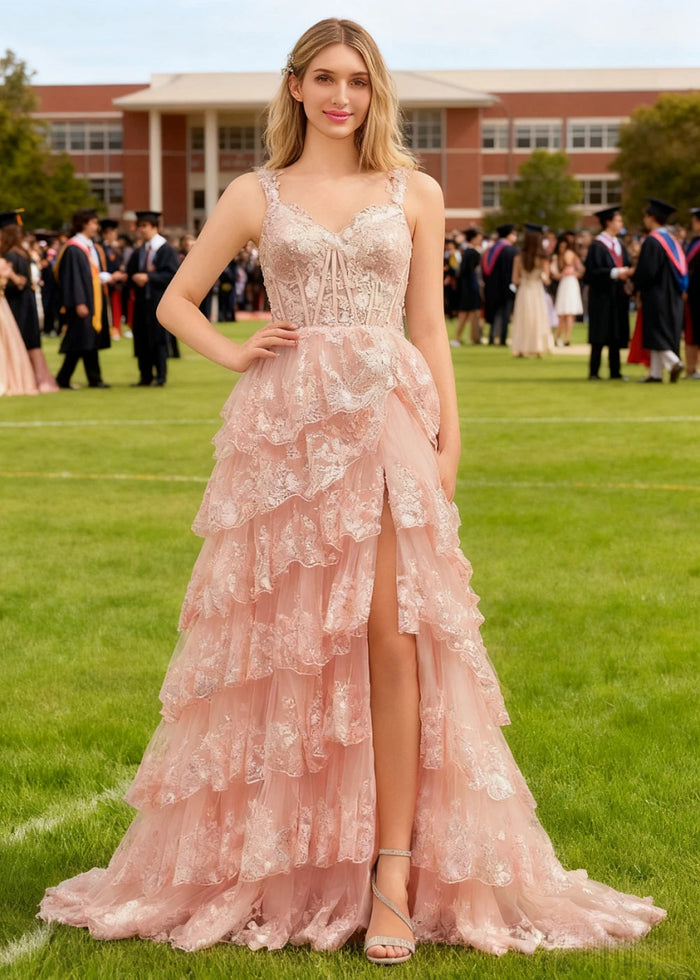 Lydia | A - Line Off the Shoulder Lace Corset A Pink Prom Dress Long with Tiered Ruffles - Pink - PromDressClub