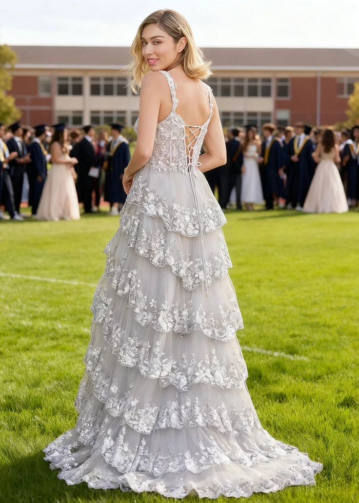 Lydia | A - Line Off the Shoulder Lace Corset A Pink Prom Dress Long with Tiered Ruffles - Silver - PromDressClub