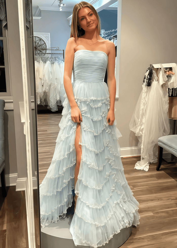 Mabel | A Line Sparkly Tiered Ruffles Light Blue Long Prom Dress - Price #price_variant_lowest# - Light Blue - PromDressClub