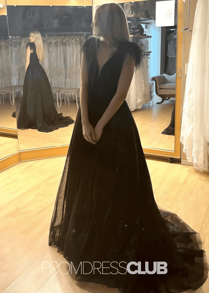 Mabel |Long Black Prom Dresses Near Me With A Line V Neck Sequined Tulle Slit - Price #price_variant_lowest# - Black - PromDressClub