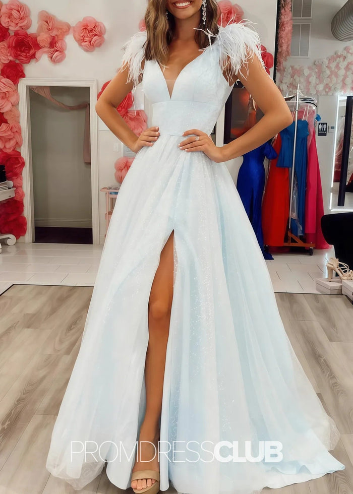 Mabel |Long Black Prom Dresses Near Me With A Line V Neck Sequined Tulle Slit - Price #price_variant_lowest# - Sky Blue - PromDressClub