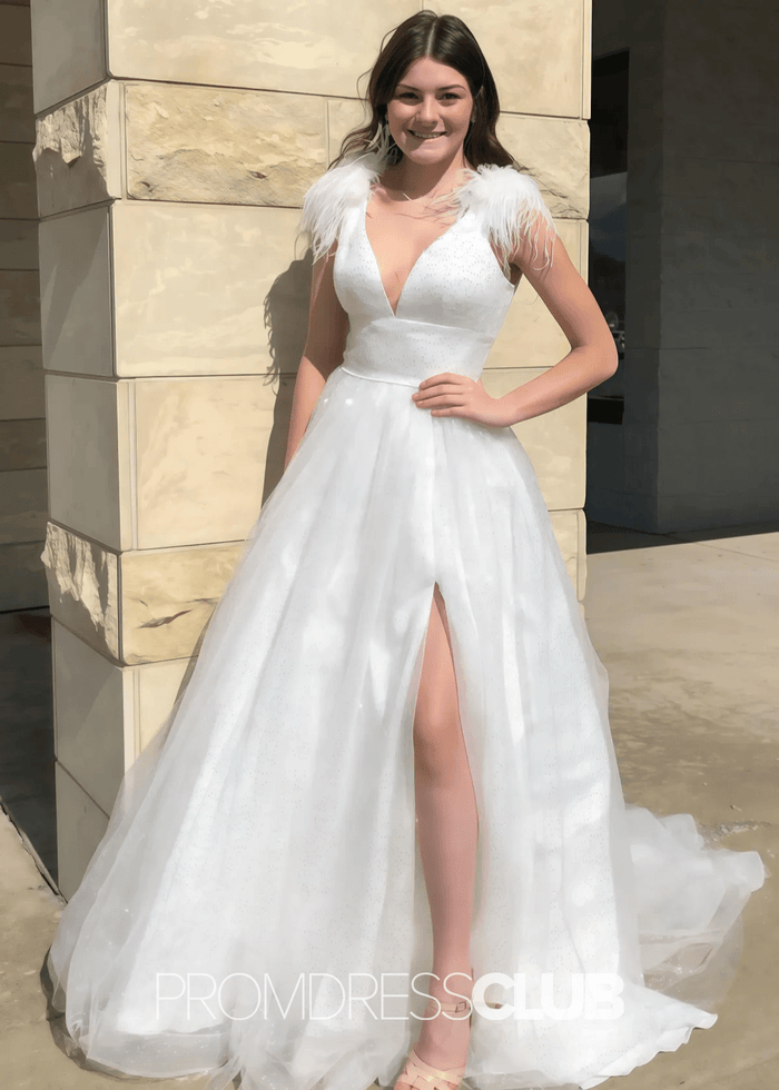 Mabel |Long Black Prom Dresses Near Me With A Line V Neck Sequined Tulle Slit - Price #price_variant_lowest# - White - PromDressClub