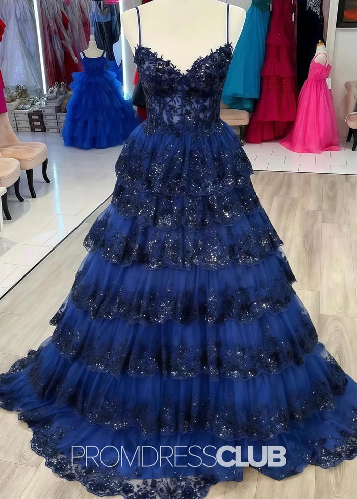 Madeline |Black Long Prom Dresses Near Me With A Line Spaghetti Straps Tiered Lace - Price #price_variant_lowest# - Dark Blue - PromDressClub