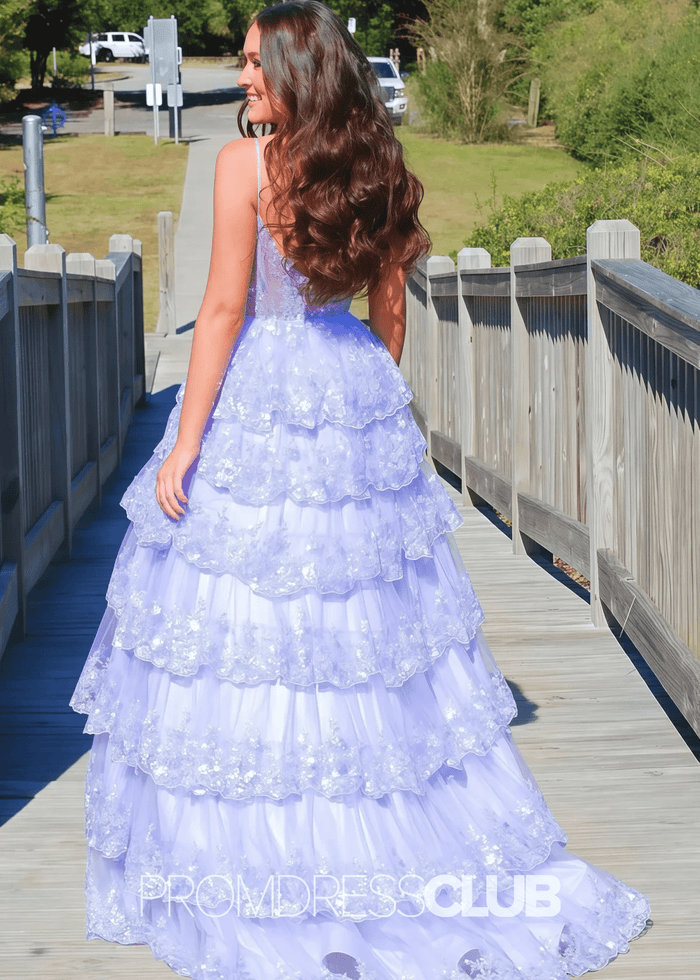 Madeline |Black Long Prom Dresses Near Me With A Line Spaghetti Straps Tiered Lace - Price #price_variant_lowest# - Lavender - PromDressClub