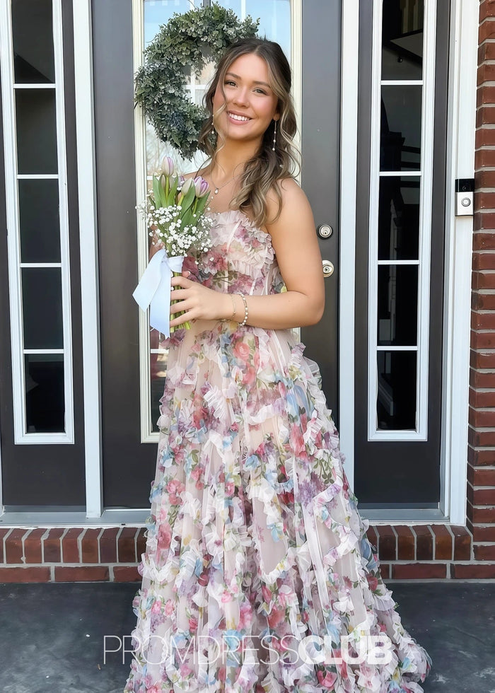 Madge | A Line Ivory Floral Print Ruffle Long Dress - Price #price_variant_lowest# - Ivory Floral - PromDressClub