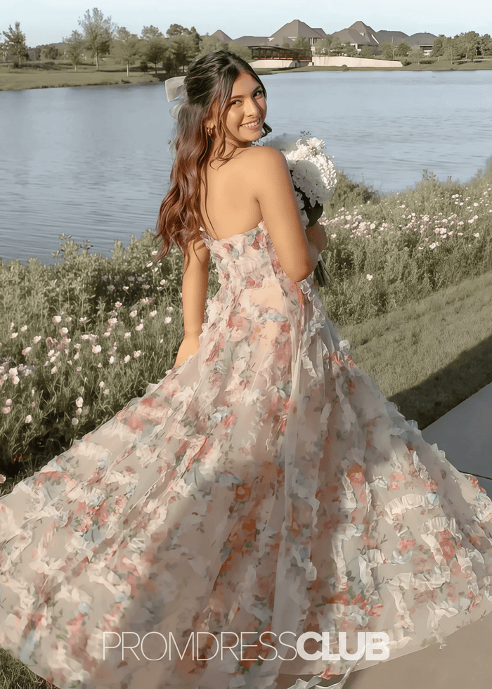 Madge | A Line Ivory Floral Print Ruffle Long Dress - Price #price_variant_lowest# - Ivory Floral - PromDressClub