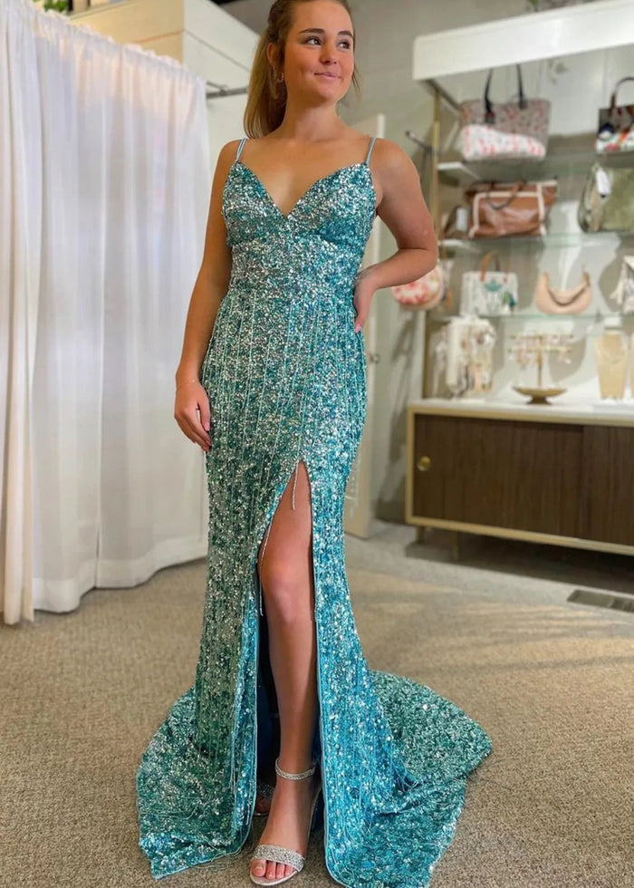 Madge | Mermaid Spaghetti Straps Bling Golden Sequins Long Prom Dress with Split Front - Green - PromDressClub