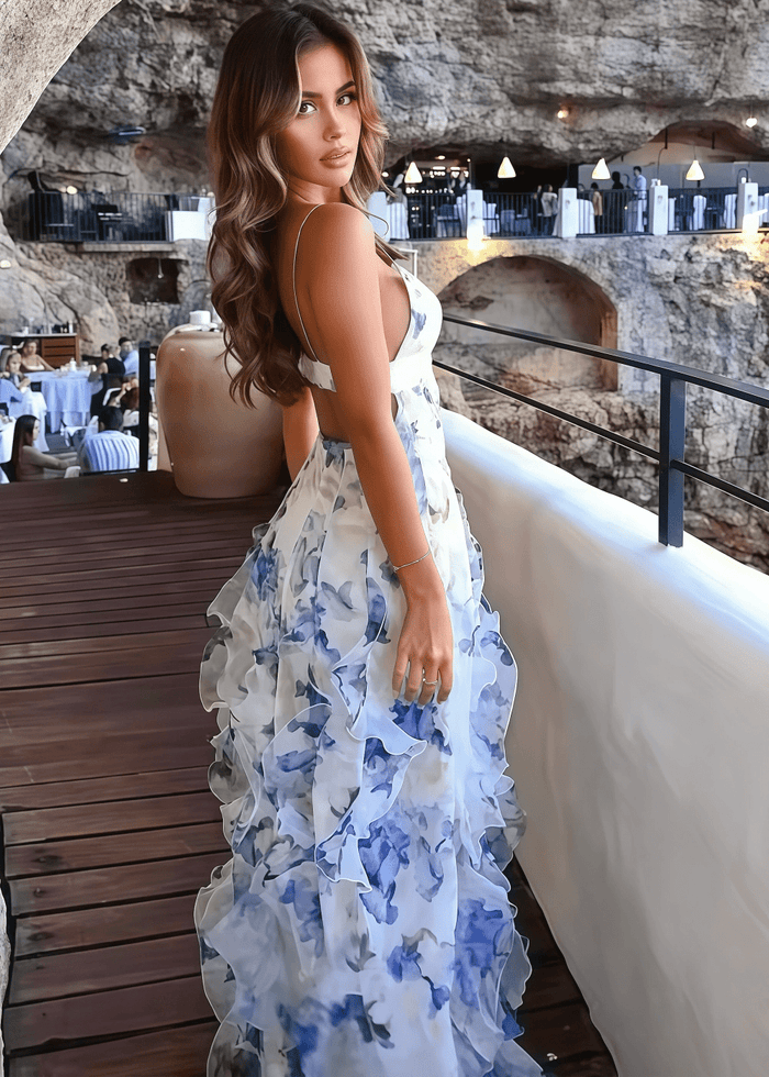 Maeve | Stunning Light Blue Floral Open Back Prom Dress with Ruffles - Light Blue Floral - PromDressClub