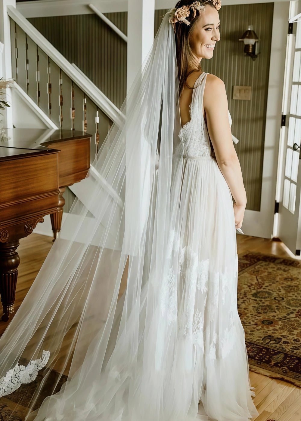 Mag | Bohemian A Line Backless Lace Tulle Wedding Dress - Perfect for Outdoor Weddings - White - PromDressClub