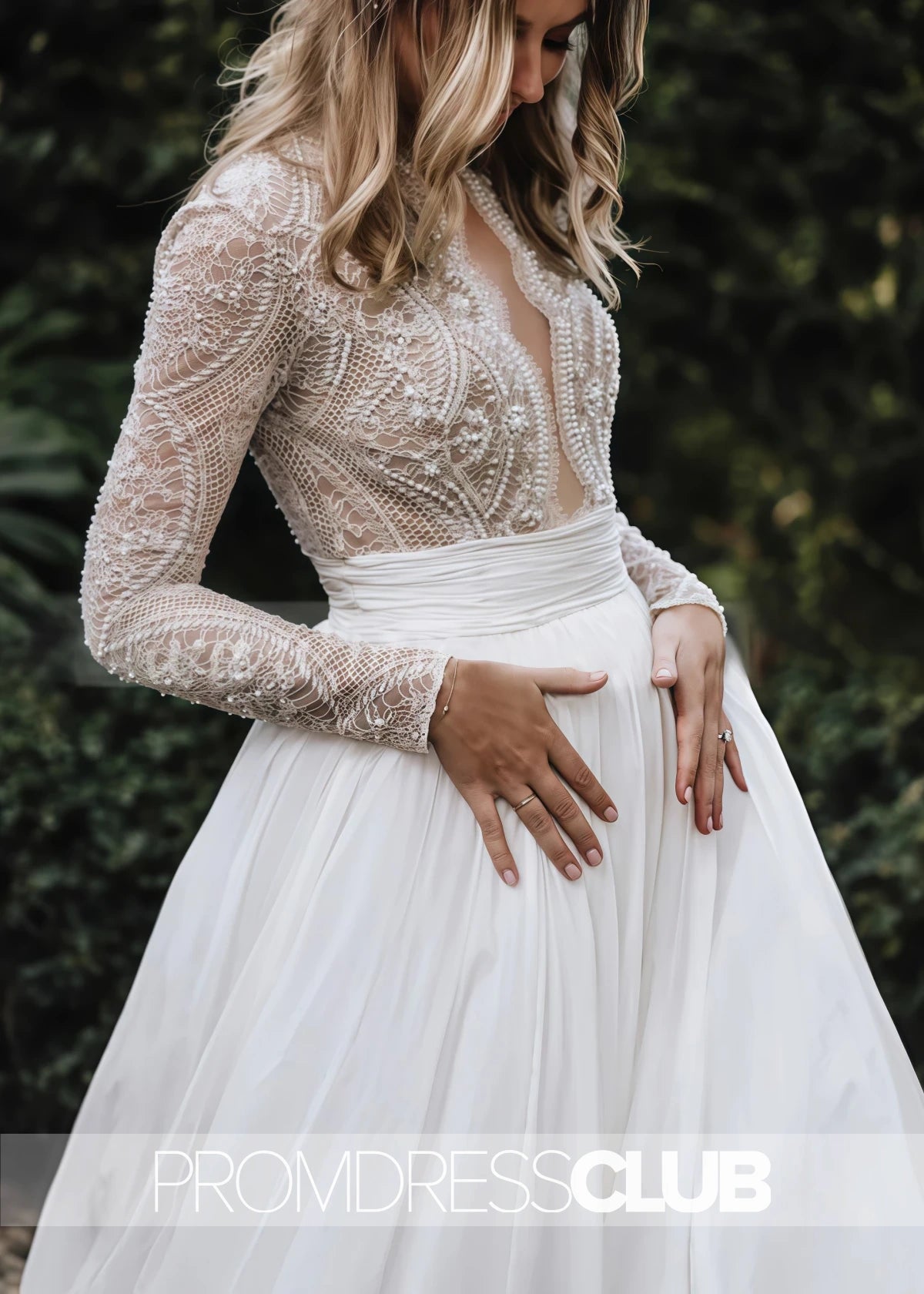 Mag |Long White Wedding Dresses Near Me With Luxurious Lace Beading Long Sleeves A - Line Pleated Tulle - White - US0 - PromDressClub