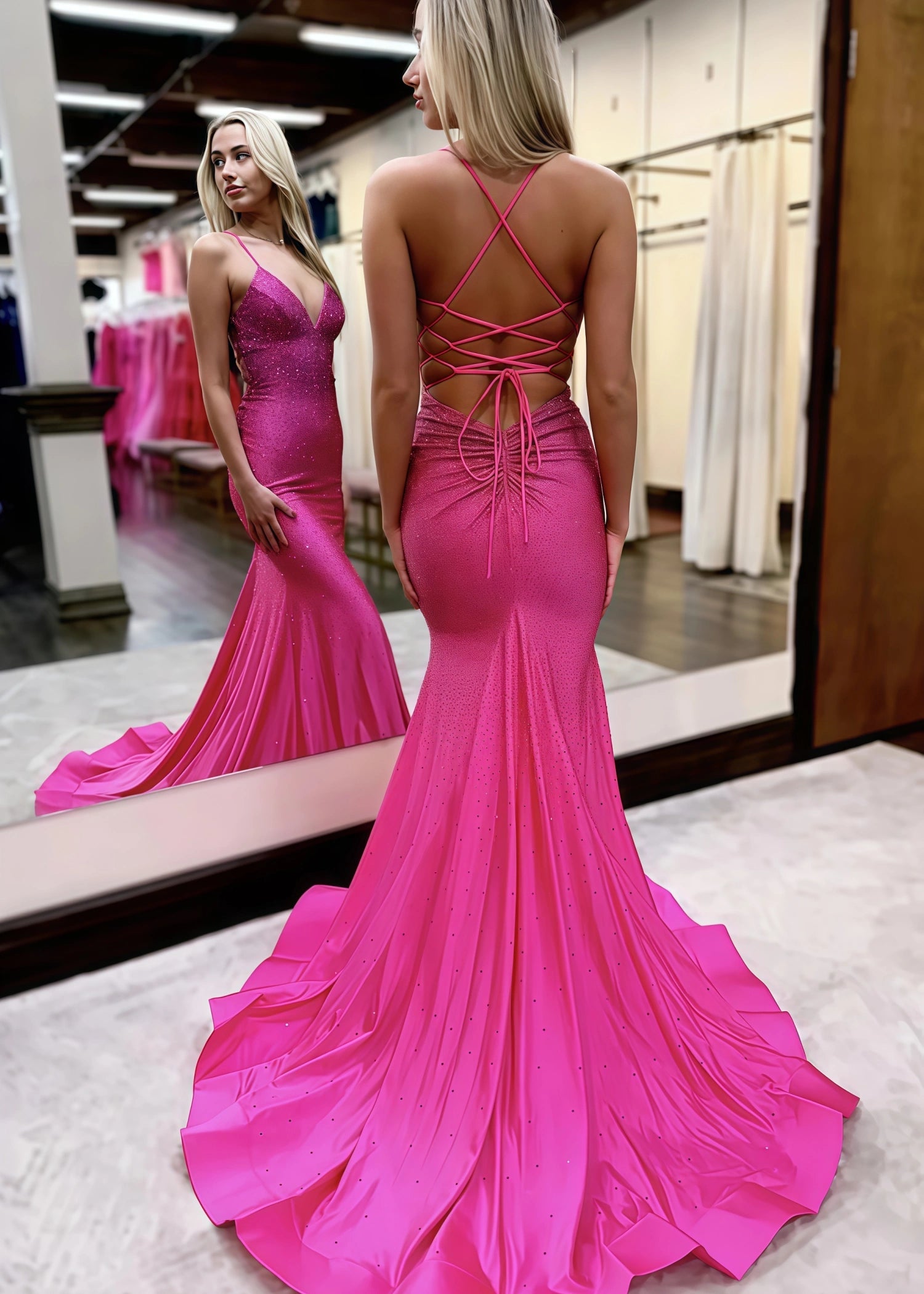 Mandy | Mermaid Spaghetti Straps Long Red Prom Dress with Beading - Fuchsia - US0 - PromDressClub