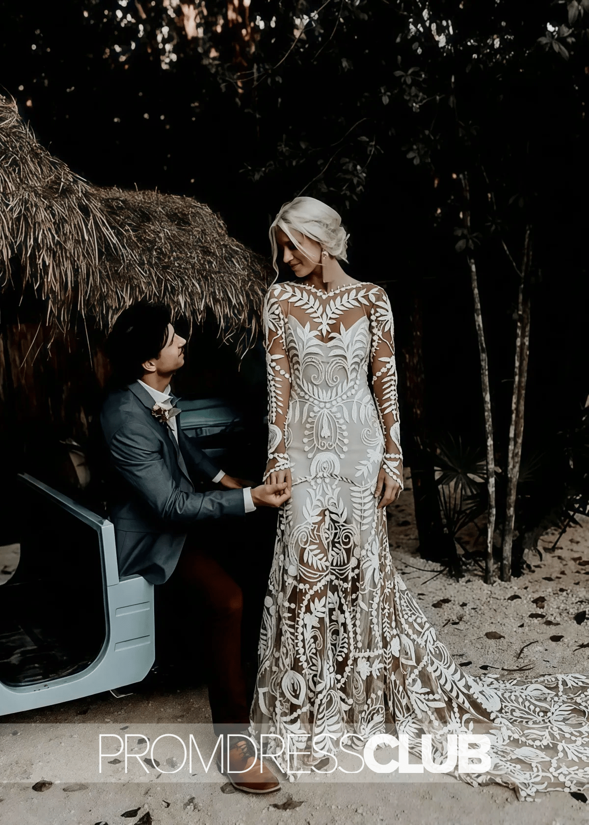 Marcia |Long Sleeve Wedding Dresses White Boho Mermaid Lace with Beach - Ivory - PromDressClub