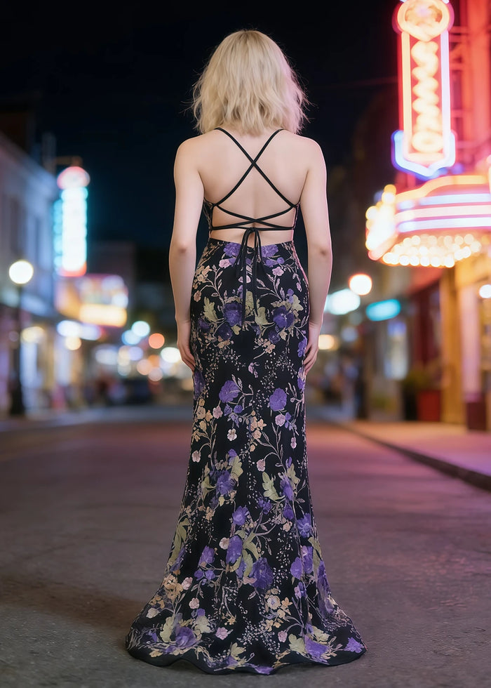 Maren Floral Black Sparkly Dress Prom | Mermaid Spaghetti Strap V - Neck Beaded Formal Dress with Sequins - Black - PromDressClub