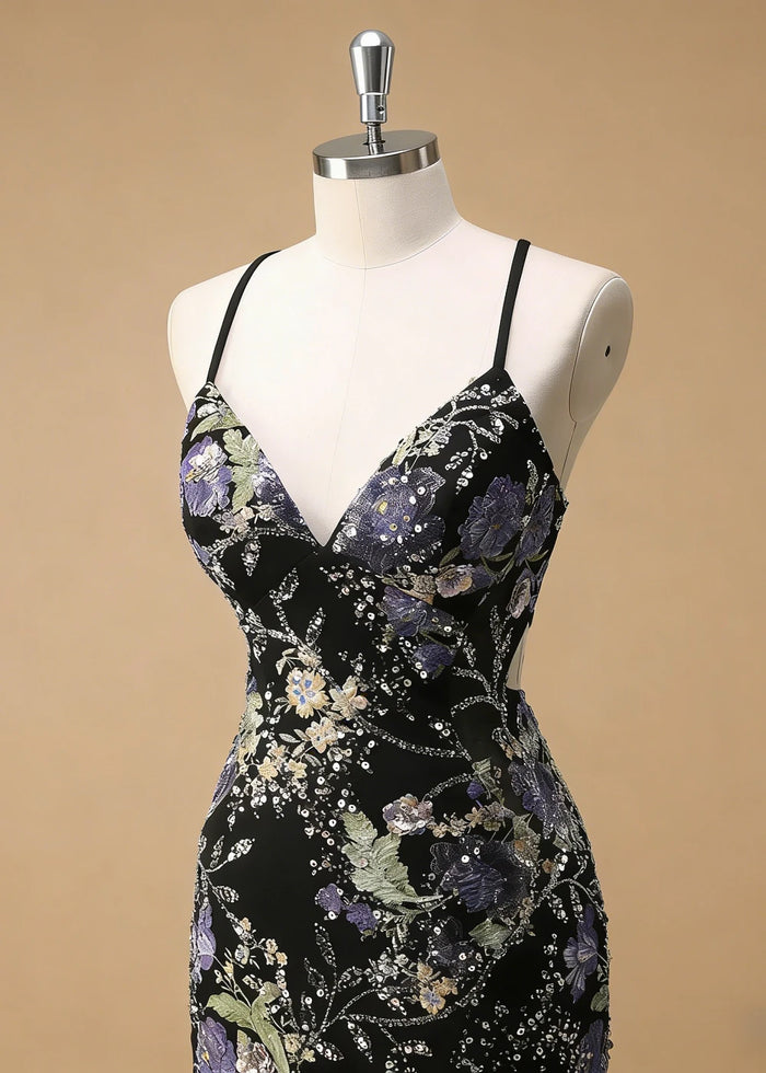 Maren Floral Black Sparkly Dress Prom | Mermaid Spaghetti Strap V - Neck Beaded Formal Dress with Sequins - Black - PromDressClub