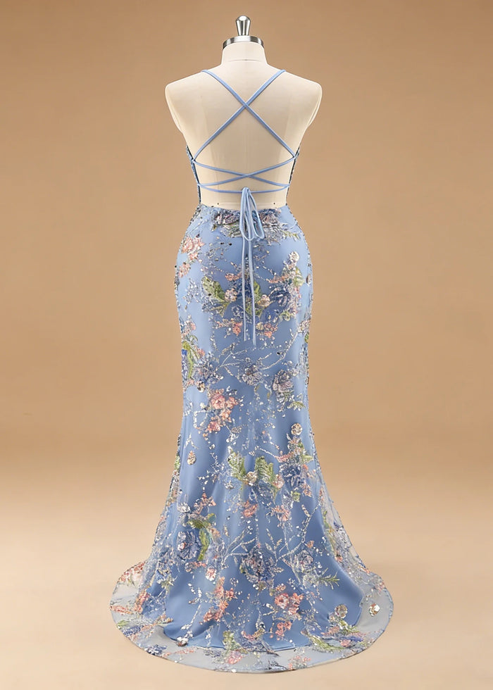 Maren Floral Blue Sparkly Dress Prom | Mermaid Spaghetti Strap V - Neck Beaded Formal Dress with Sequins - Blue - PromDressClub