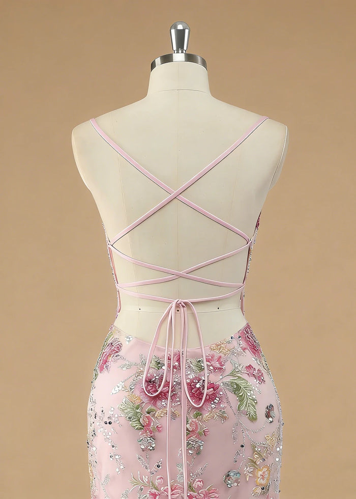 Maren Floral Pink Sparkly Dress Prom | Mermaid Spaghetti Strap V - Neck Beaded Formal Dress with Sequins - Pink - PromDressClub