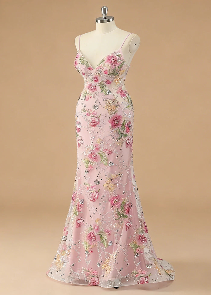 Maren Floral Pink Sparkly Dress Prom | Mermaid Spaghetti Strap V - Neck Beaded Formal Dress with Sequins - Pink - PromDressClub