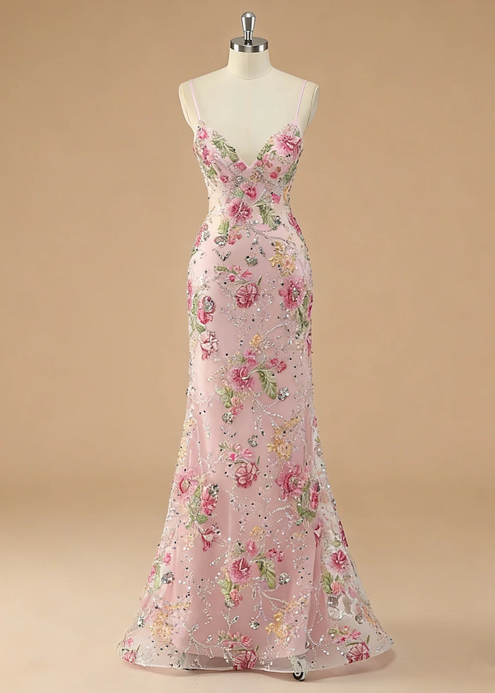 Maren Floral Pink Sparkly Dress Prom | Mermaid Spaghetti Strap V - Neck Beaded Formal Dress with Sequins - Pink - PromDressClub