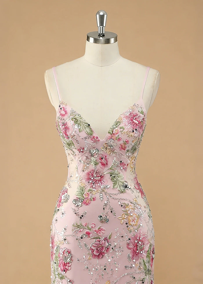 Maren Floral Pink Sparkly Dress Prom | Mermaid Spaghetti Strap V - Neck Beaded Formal Dress with Sequins - Pink - PromDressClub