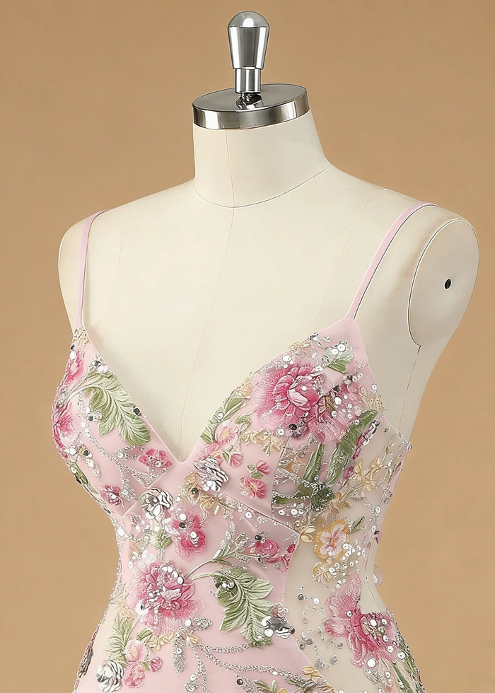 Maren Floral Pink Sparkly Dress Prom | Mermaid Spaghetti Strap V - Neck Beaded Formal Dress with Sequins - Pink - PromDressClub