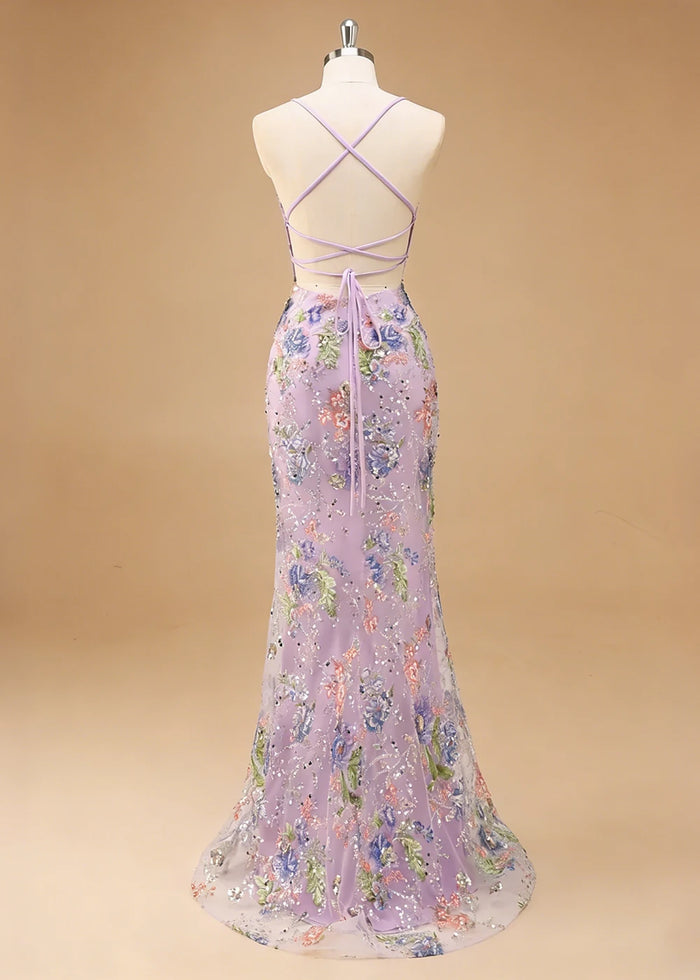 Maren Floral Lilac Sparkly Dress Prom | Mermaid Spaghetti Strap V - Neck Beaded Formal Dress with Sequins - Lilac - PromDressClub