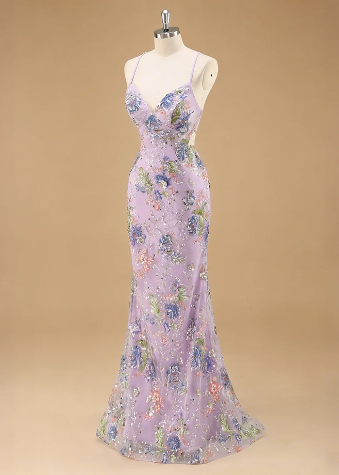 Maren Floral Lilac Sparkly Dress Prom | Mermaid Spaghetti Strap V - Neck Beaded Formal Dress with Sequins - Lilac - PromDressClub