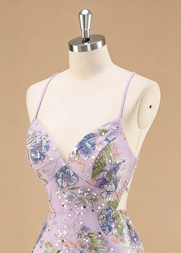 Maren Floral Lilac Sparkly Dress Prom | Mermaid Spaghetti Strap V - Neck Beaded Formal Dress with Sequins - Lilac - PromDressClub