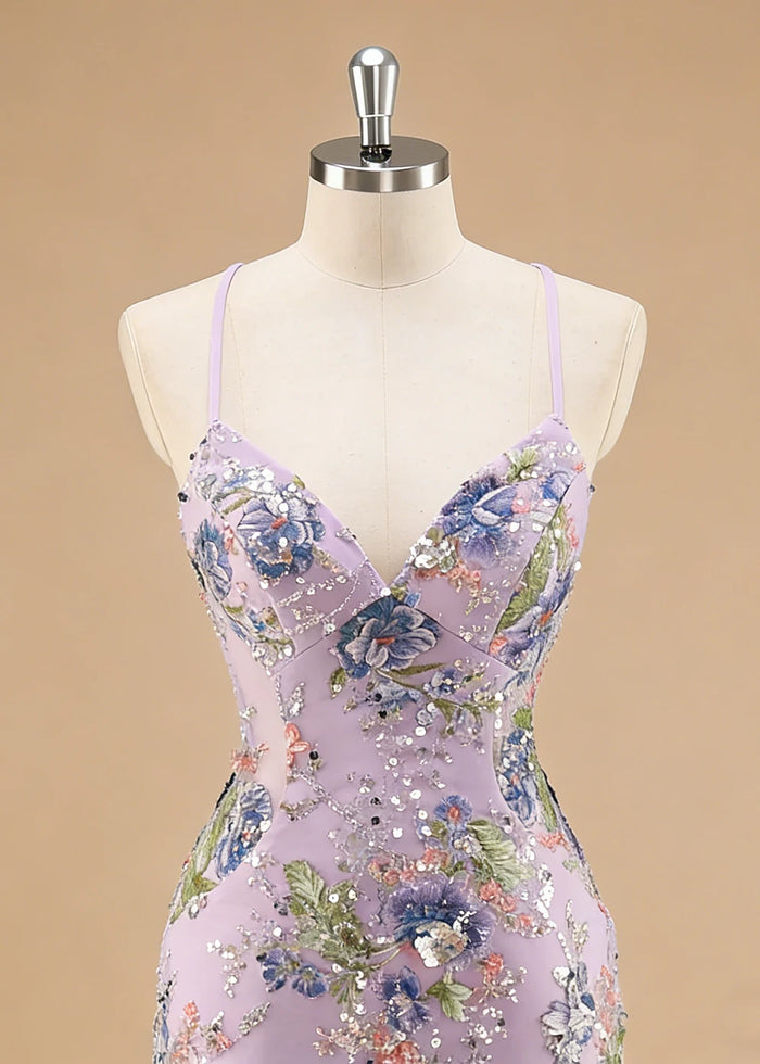 Maren Floral Lilac Sparkly Dress Prom | Mermaid Spaghetti Strap V - Neck Beaded Formal Dress with Sequins - Lilac - PromDressClub