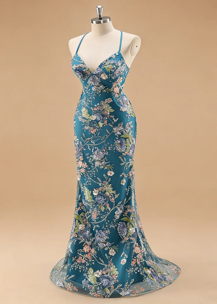 Maren Floral Peacock Sparkly Dress Prom | Mermaid Spaghetti Strap V - Neck Beaded Formal Dress with Sequins - Peacock - PromDressClub