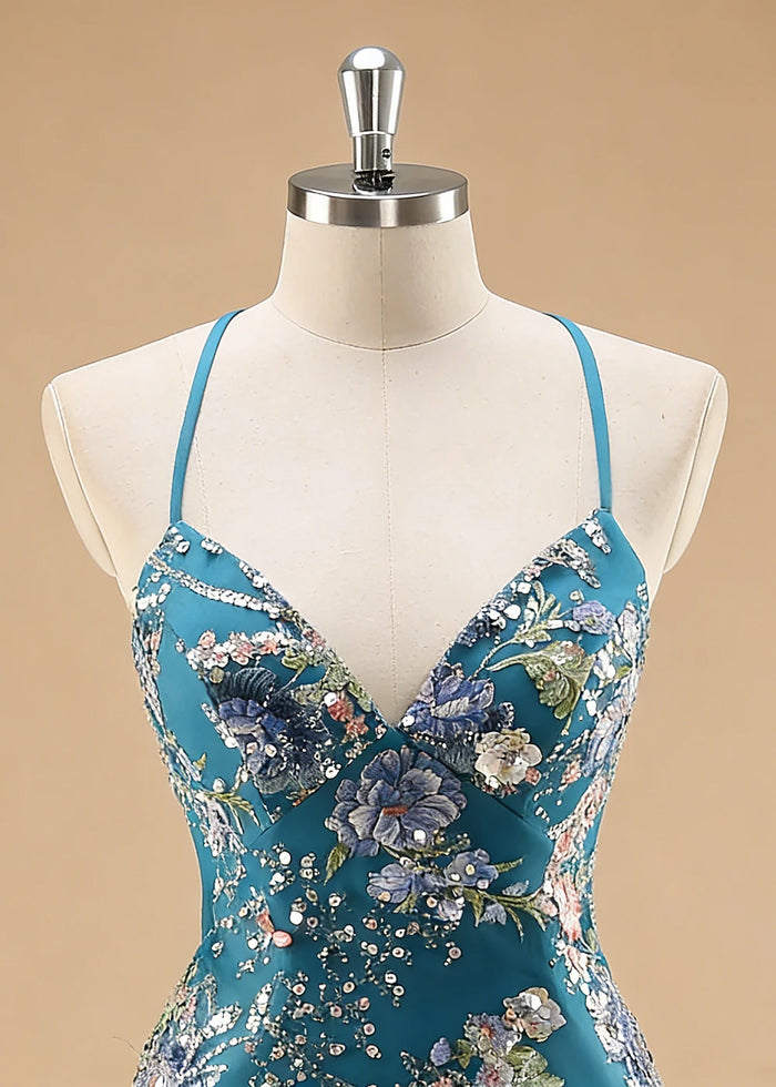 Maren Floral Peacock Sparkly Dress Prom | Mermaid Spaghetti Strap V - Neck Beaded Formal Dress with Sequins - Peacock - PromDressClub