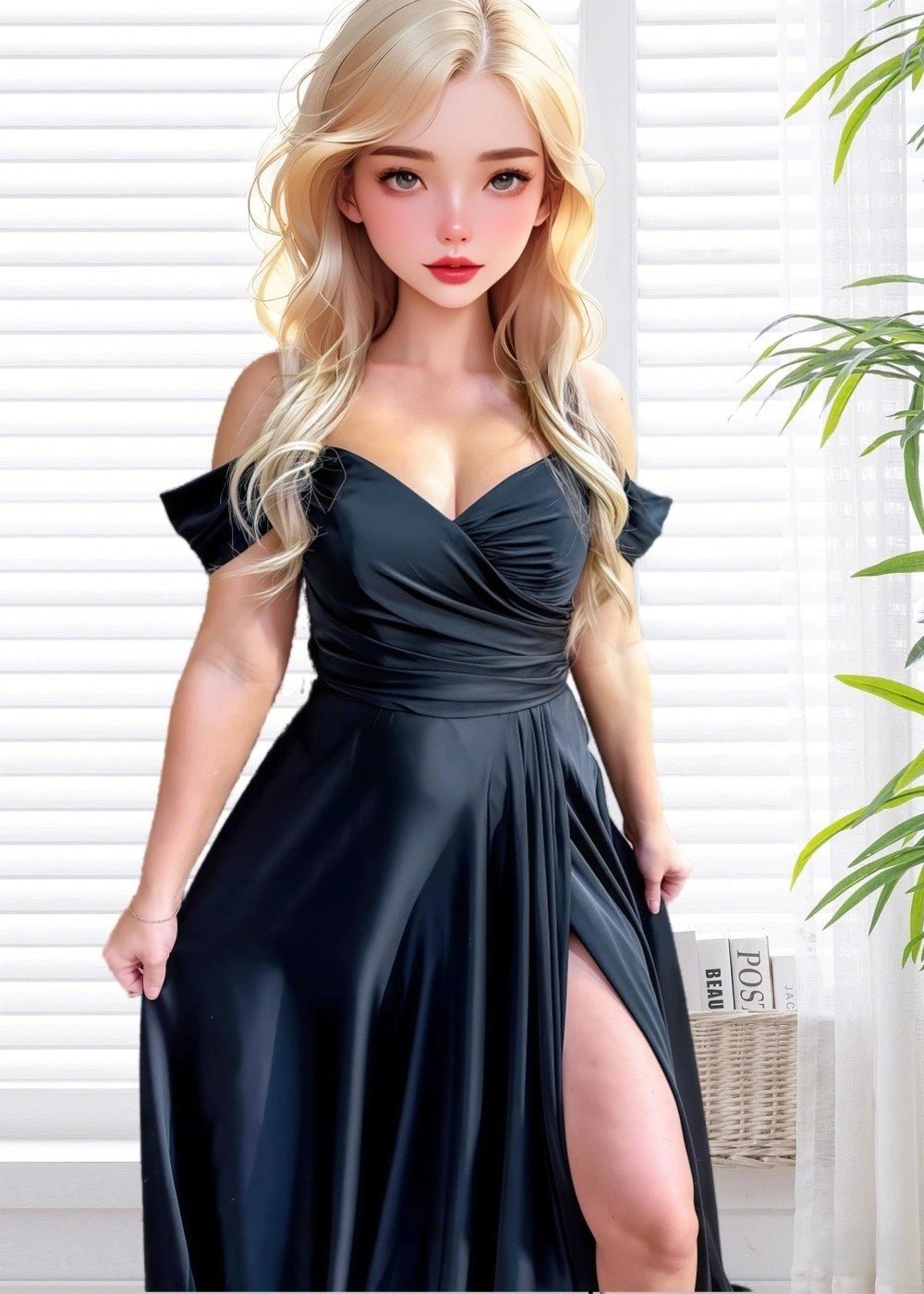 Maria | Boho Black Tie Off the Shoulder Satin Wedding Dress with Slit - Black - PromDressClub