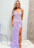 Maria |Long Pink Prom Dresses Near Me With Mermaid V Neck Sequined Lace Slit - Lavender - US0 - PromDressClub