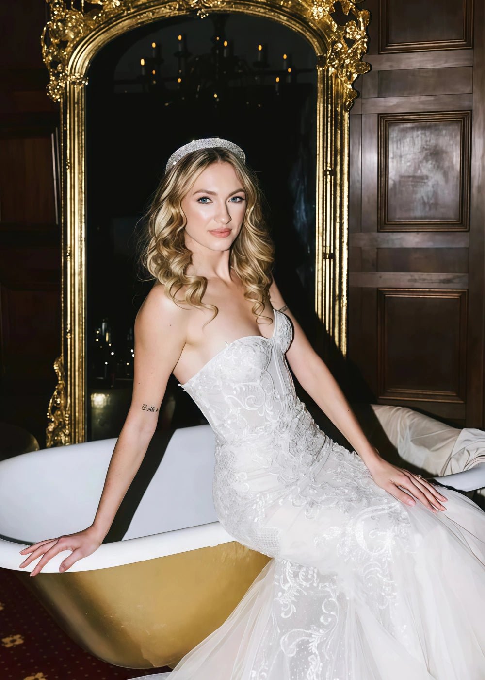 Maria | Stunning Mermaid Strapless Lace Detailing Wedding Dress with Long Train - White - PromDressClub