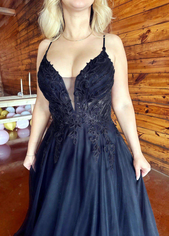 Marian | Gothic Black A Line Spaghetti Strap Open Back Lace Wedding Dress - Black - PromDressClub