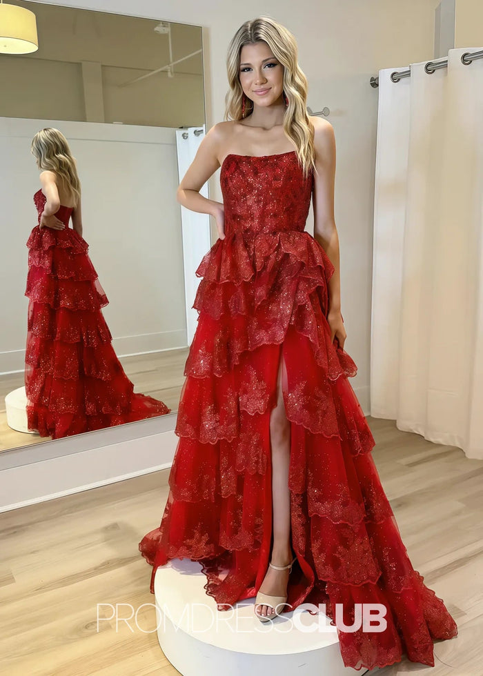 Marian |Red Long Prom Dresses Near Me With A Line Strapless Ruffle Sequin Lace - Price #price_variant_lowest# - Red - PromDressClub