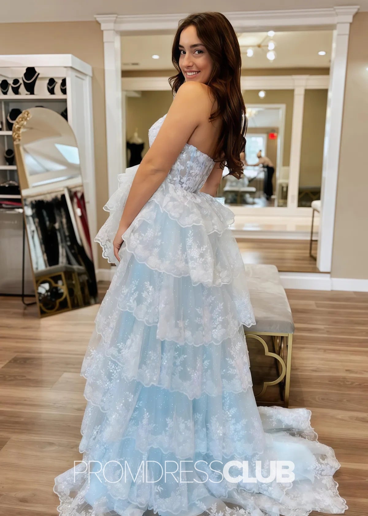 Marian |Red Long Prom Dresses Near Me With A Line Strapless Ruffle Sequin Lace - Sky Blue - US0 - PromDressClub