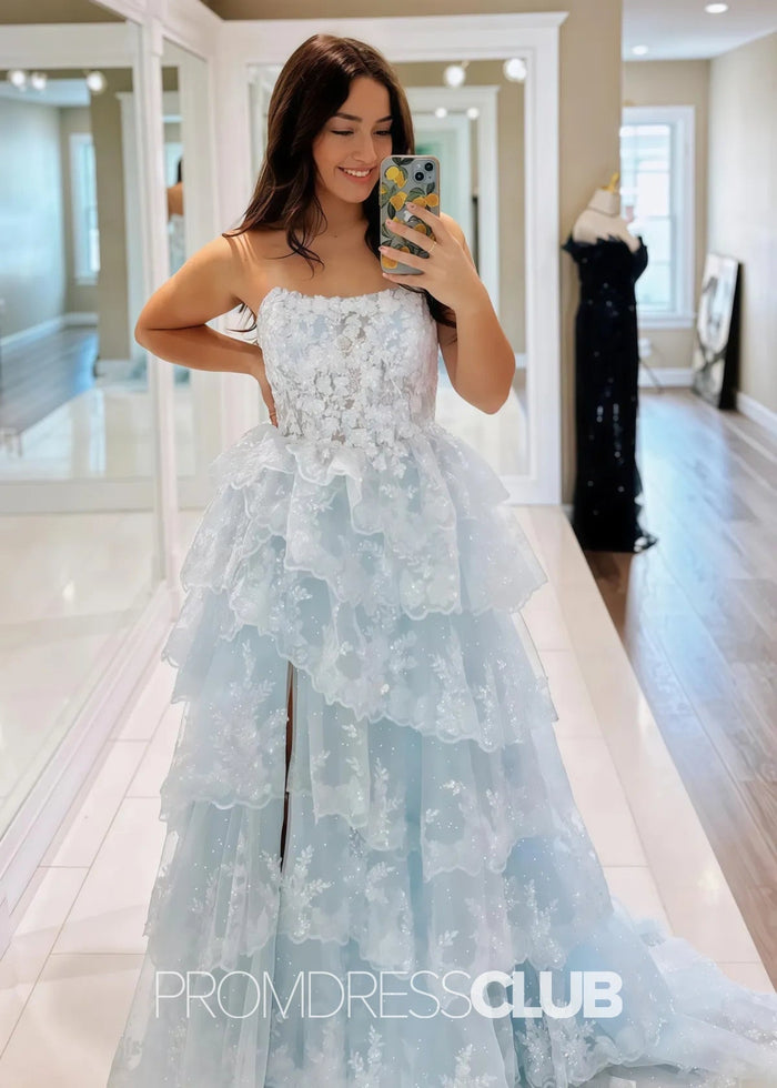 Marian |Red Long Prom Dresses Near Me With A Line Strapless Ruffle Sequin Lace - Price #price_variant_lowest# - Sky Blue - PromDressClub
