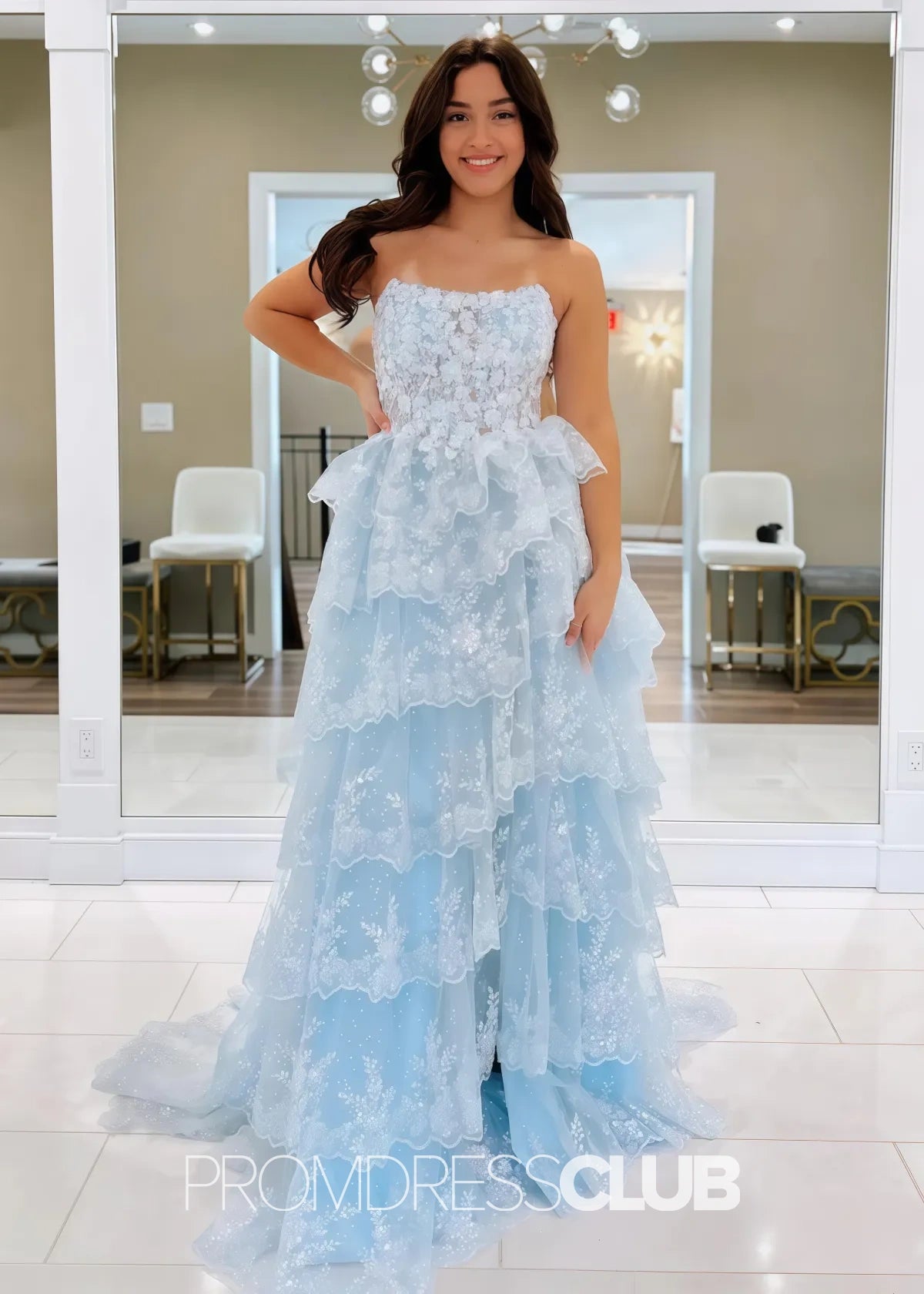 Marian |Red Long Prom Dresses Near Me With A Line Strapless Ruffle Sequin Lace - Sky Blue - US0 - PromDressClub