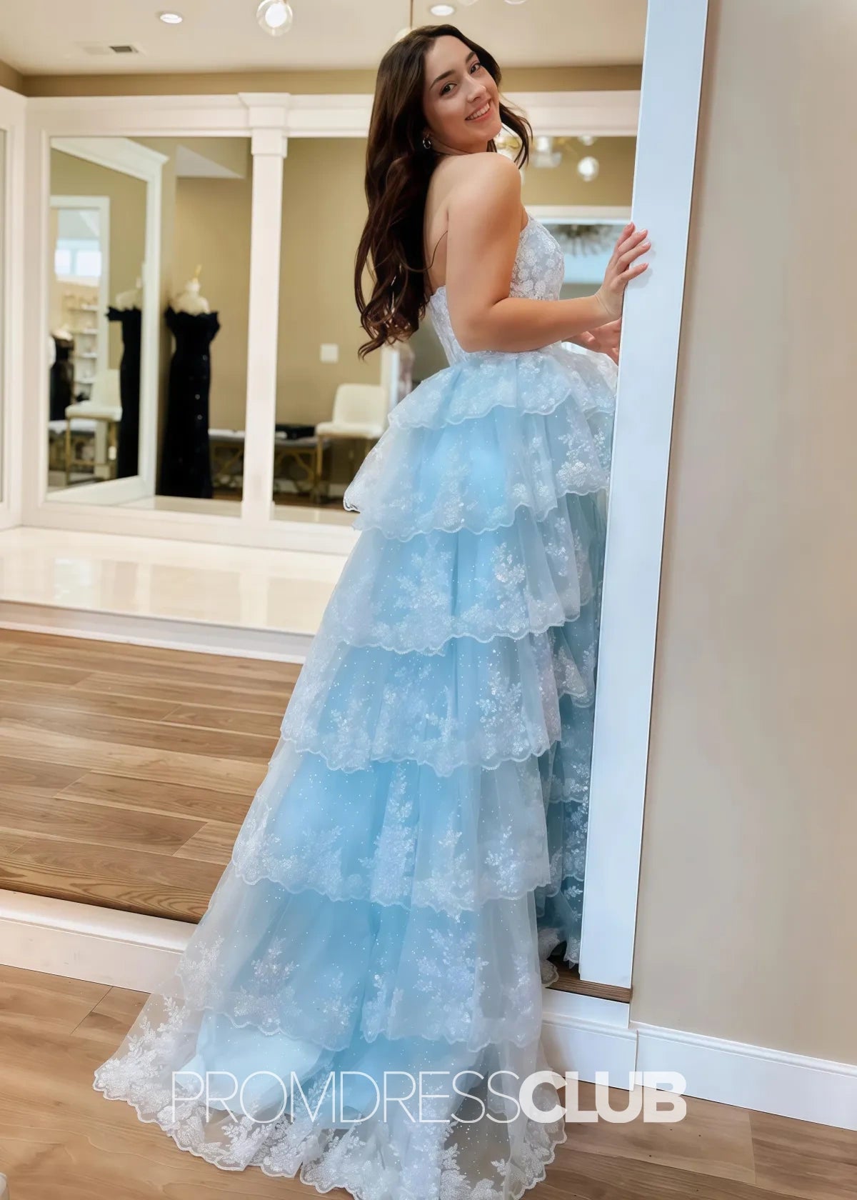 Marian |Red Long Prom Dresses Near Me With A Line Strapless Ruffle Sequin Lace - Sky Blue - US0 - PromDressClub