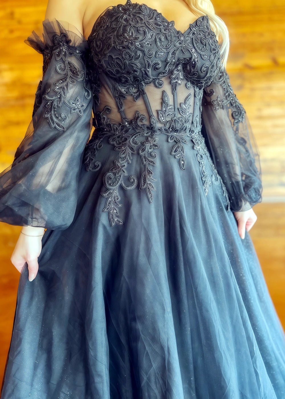 Marina | Gothic Black Strapless Corset Long Detachable Sleeves Wedding Dress - Black - PromDressClub