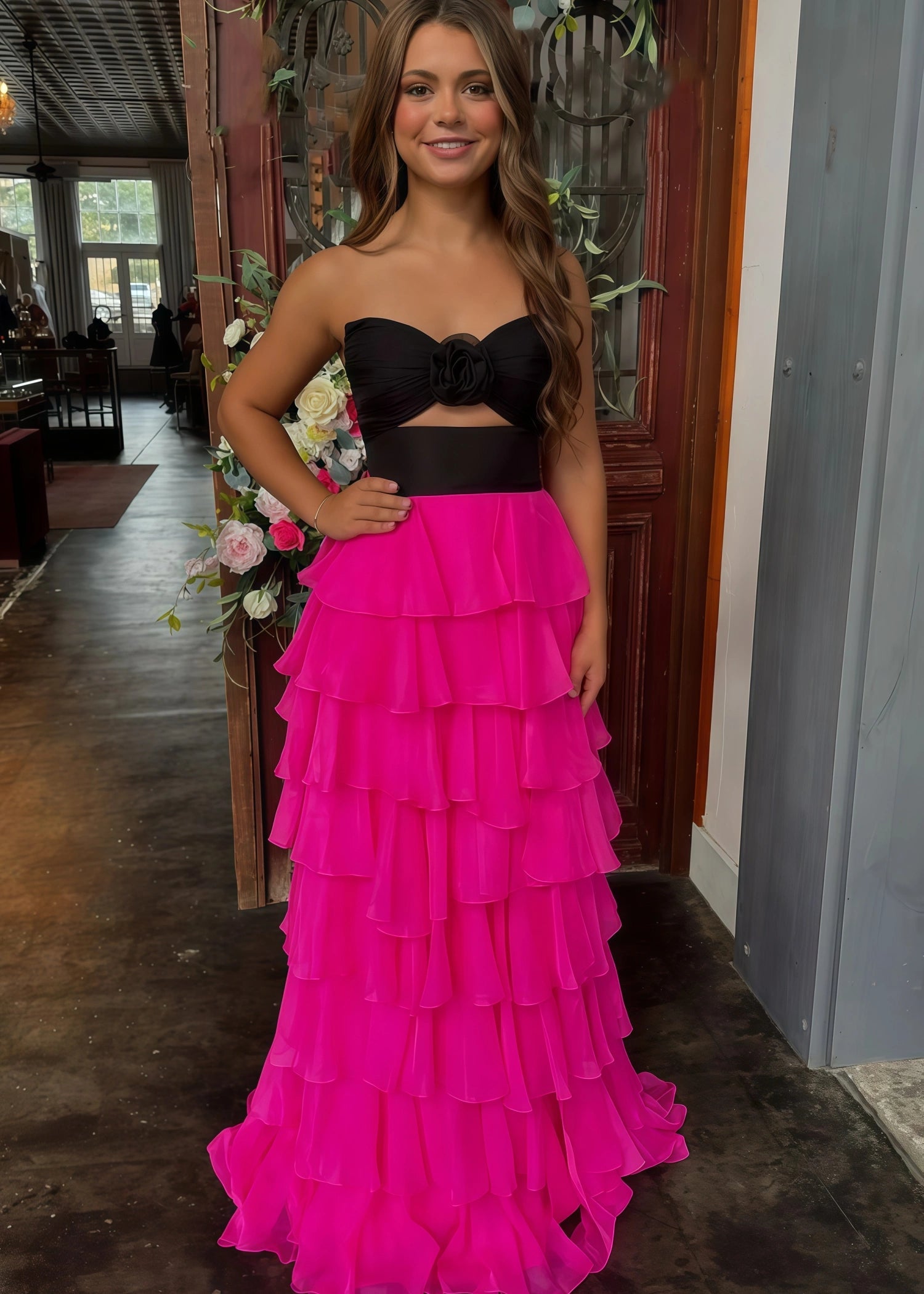 Marjorie | A - Line Sweetheart Chiffon Tiered Long Royal Blue Prom Dress with Slit - Black Fuchsia - US0 - PromDressClub